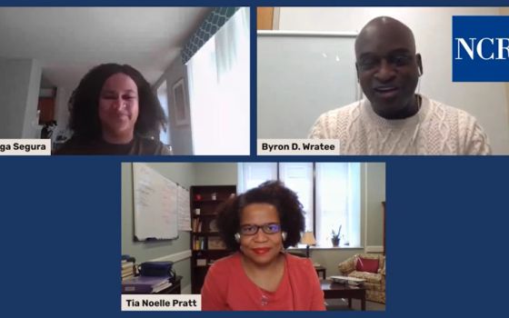 NCR culture/opinion editor Olga Segura speaks to Tia Noelle Pratt, courtesy assistant professor of sociology at Villanova University, and Byron Wratee, a doctoral candidate in systematic theology at Boston College. (NCR screengrab/YouTube)